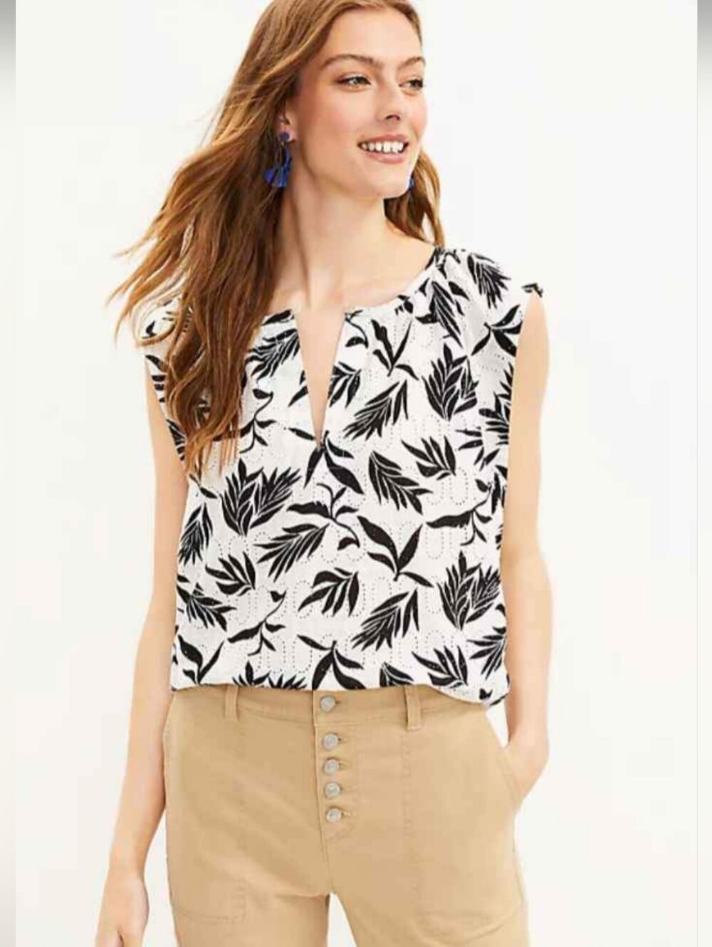 LOFT Palm Flutter Sleeve Shell Top XS Tropical Print Blouse